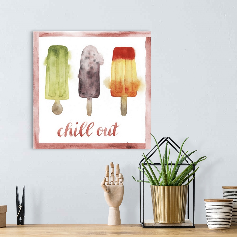 A bohemian room featuring Contemporary watercolor painting of a row of colorful frozen treats.