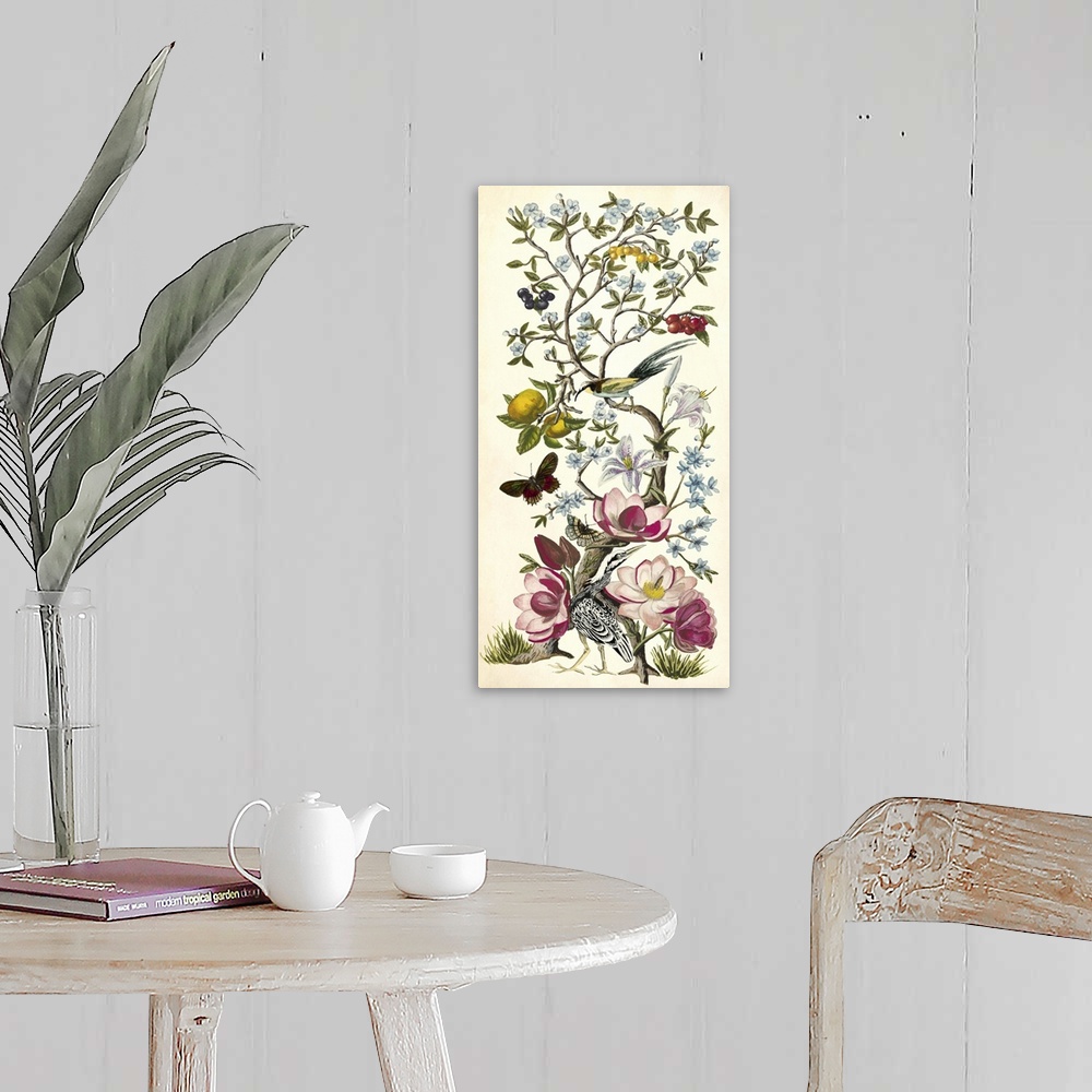 A farmhouse room featuring Vintage style artwork of a tree with flowering branches and butterflies.