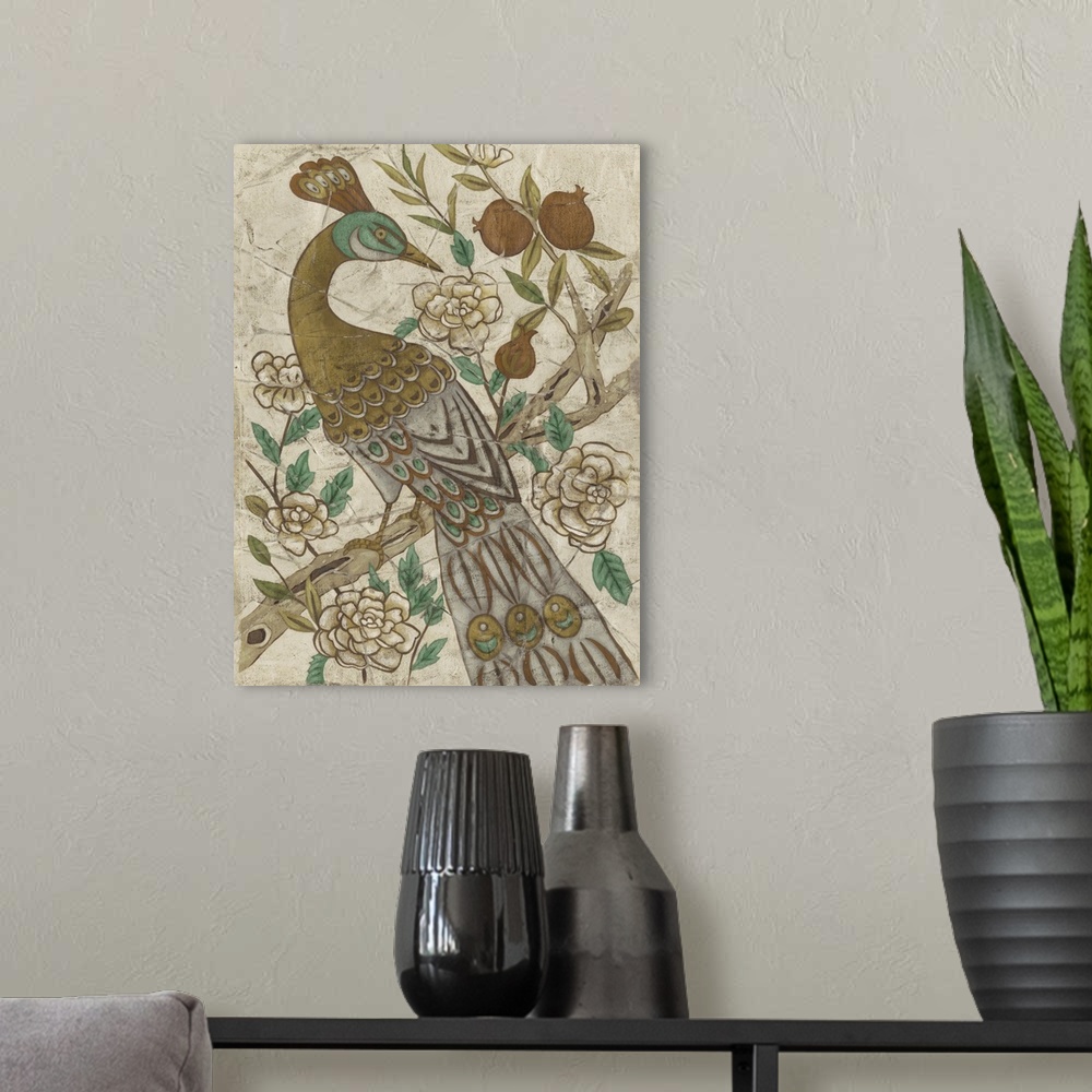 A modern room featuring Decorative painting of a peacock pheasant in a tree.