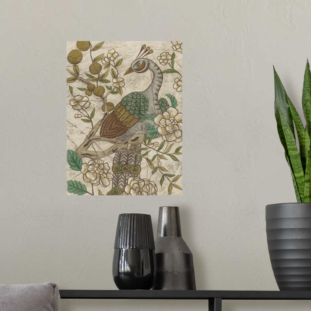 A modern room featuring Decorative painting of a peacock pheasant in a tree.