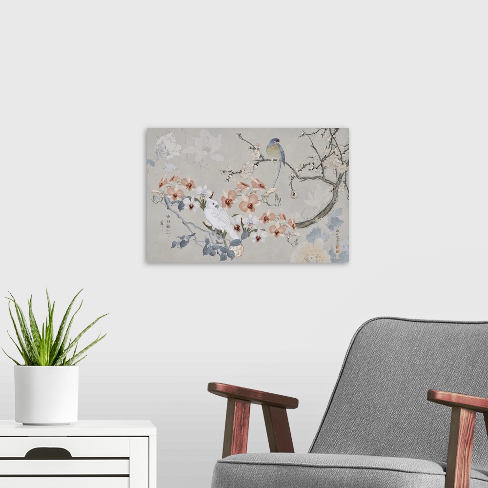 A modern room featuring An elegant and soothing art piece showing a pair of birds perched on a flowering branch, accented...
