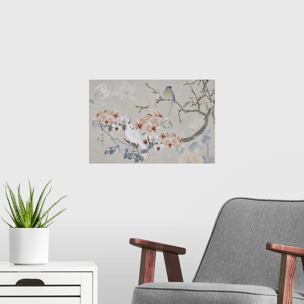 A modern room featuring An elegant and soothing art piece showing a pair of birds perched on a flowering branch, accented...