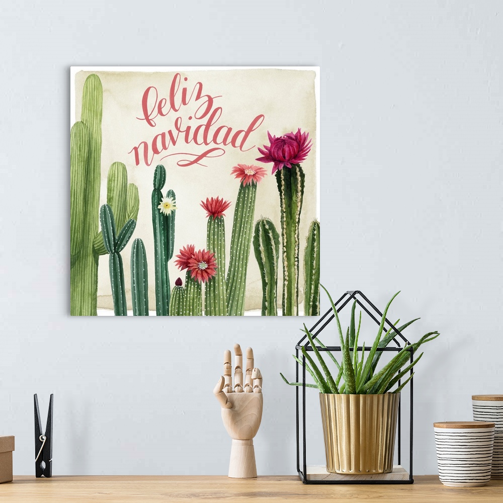 A bohemian room featuring A clever holiday design of "Feliz Navidad" above a row of blooming cactus.