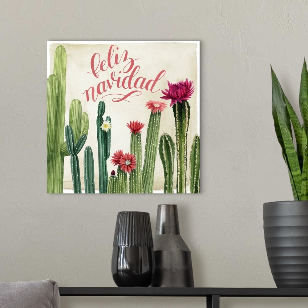 A modern room featuring A clever holiday design of "Feliz Navidad" above a row of blooming cactus.