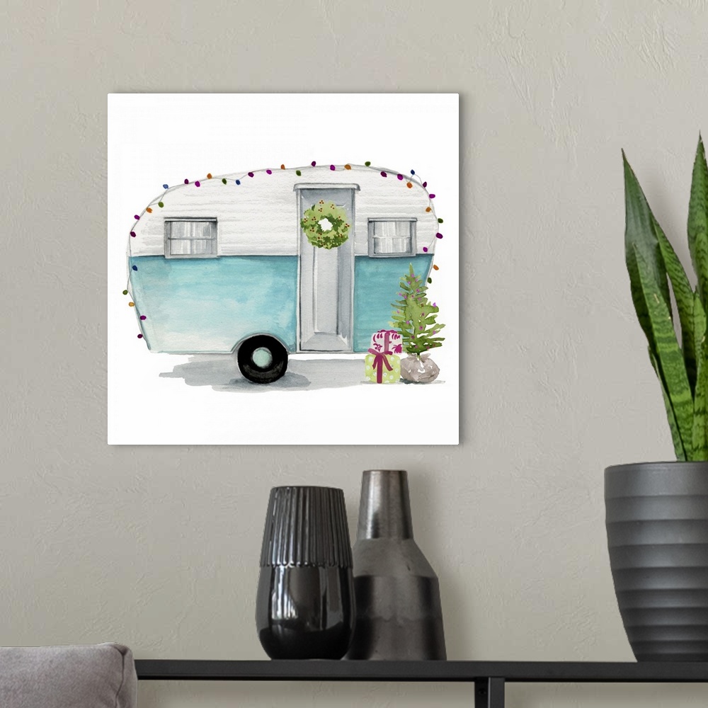 A modern room featuring Square holiday image of a vintage teardrop trailer, decorated with multi-colored lights and a Chr...