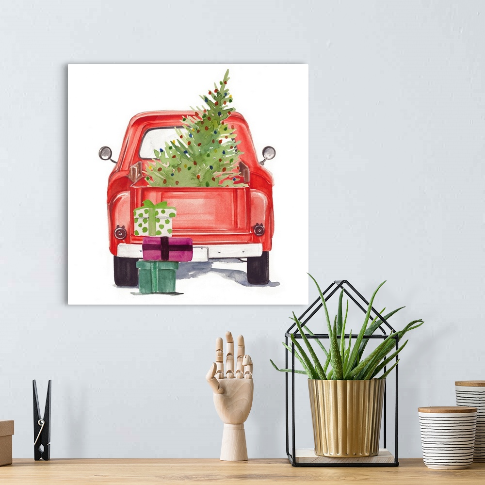 A bohemian room featuring Square holiday image of a vintage red truck, loaded with gifts and a Christmas tree.