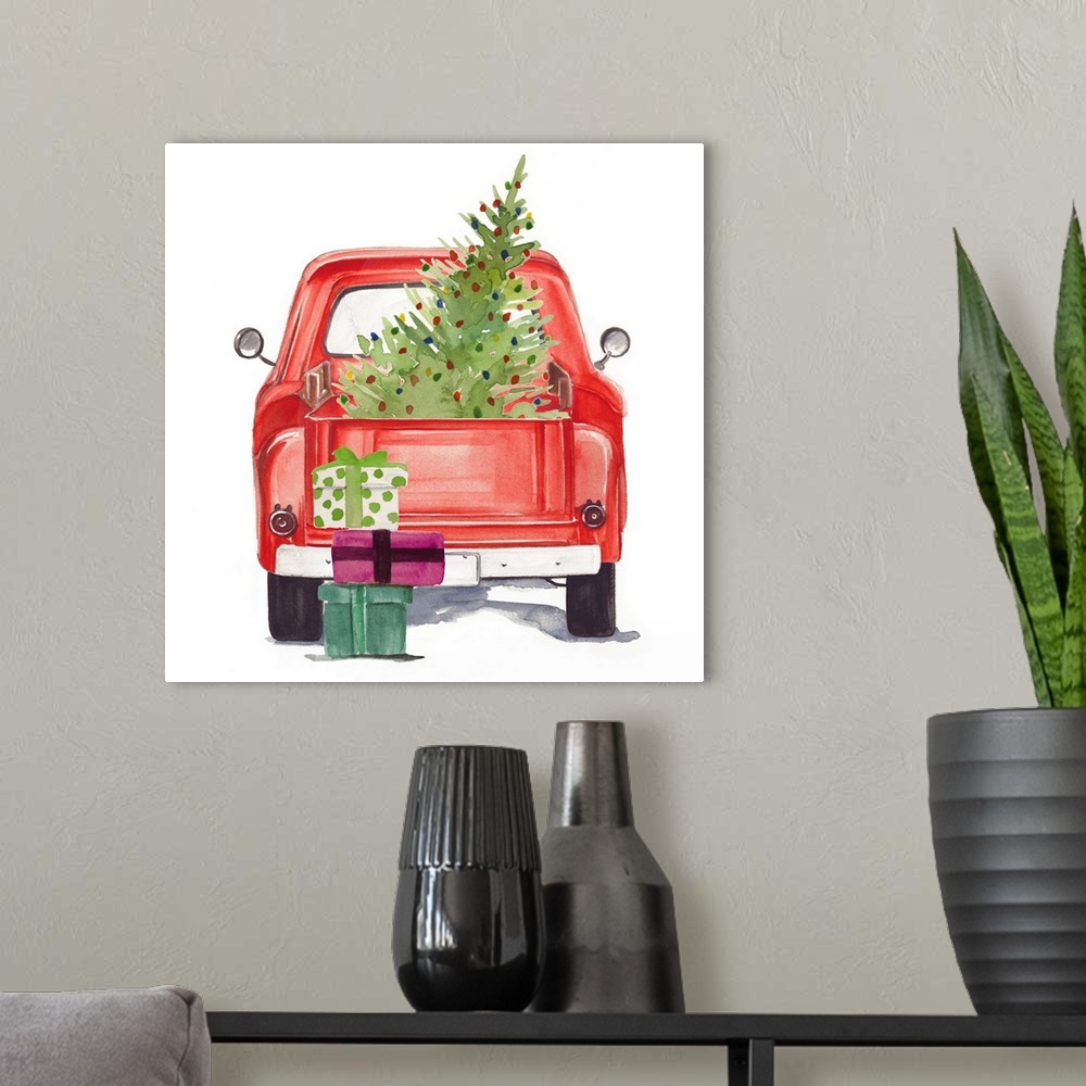 A modern room featuring Square holiday image of a vintage red truck, loaded with gifts and a Christmas tree.