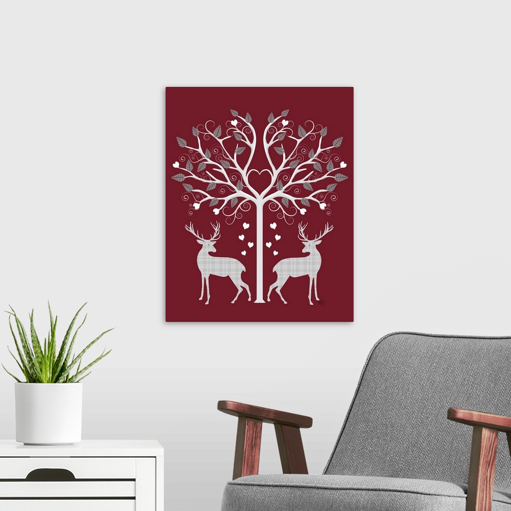 A modern room featuring Whimsical Christmas decor with two plaid reindeer standing under a tree filled with leaves and he...