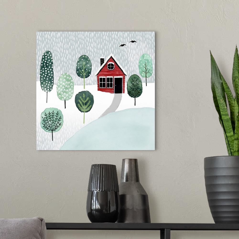 A modern room featuring A snowy landscape image of a red house surrounded by trees near a pond, with snow falling and a b...