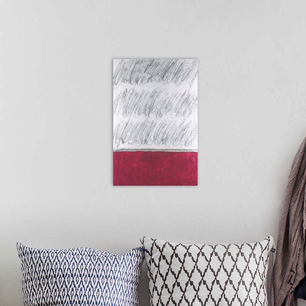 A bohemian room featuring A vertical contemporary abstract image with charcoal scribbles above a solid red block