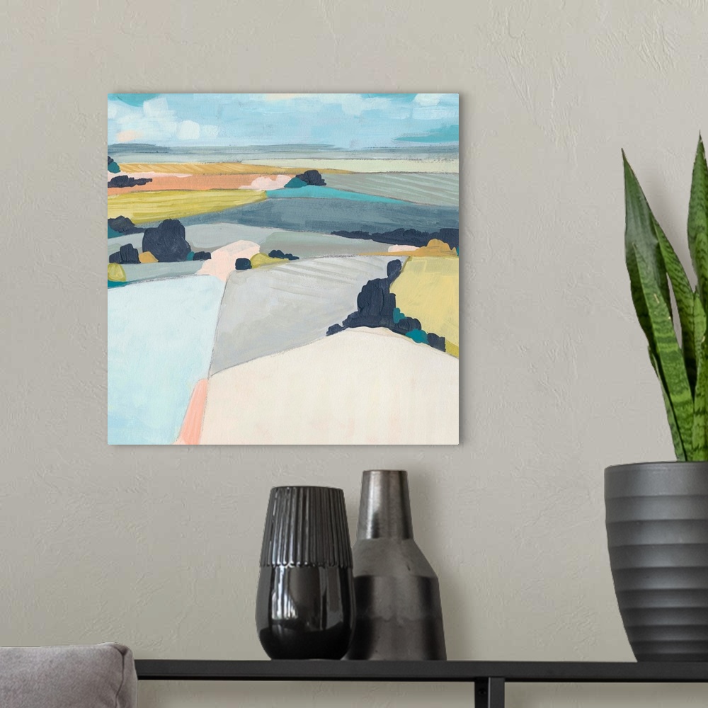 A modern room featuring Contemporary abstract landscape in pastel hues.