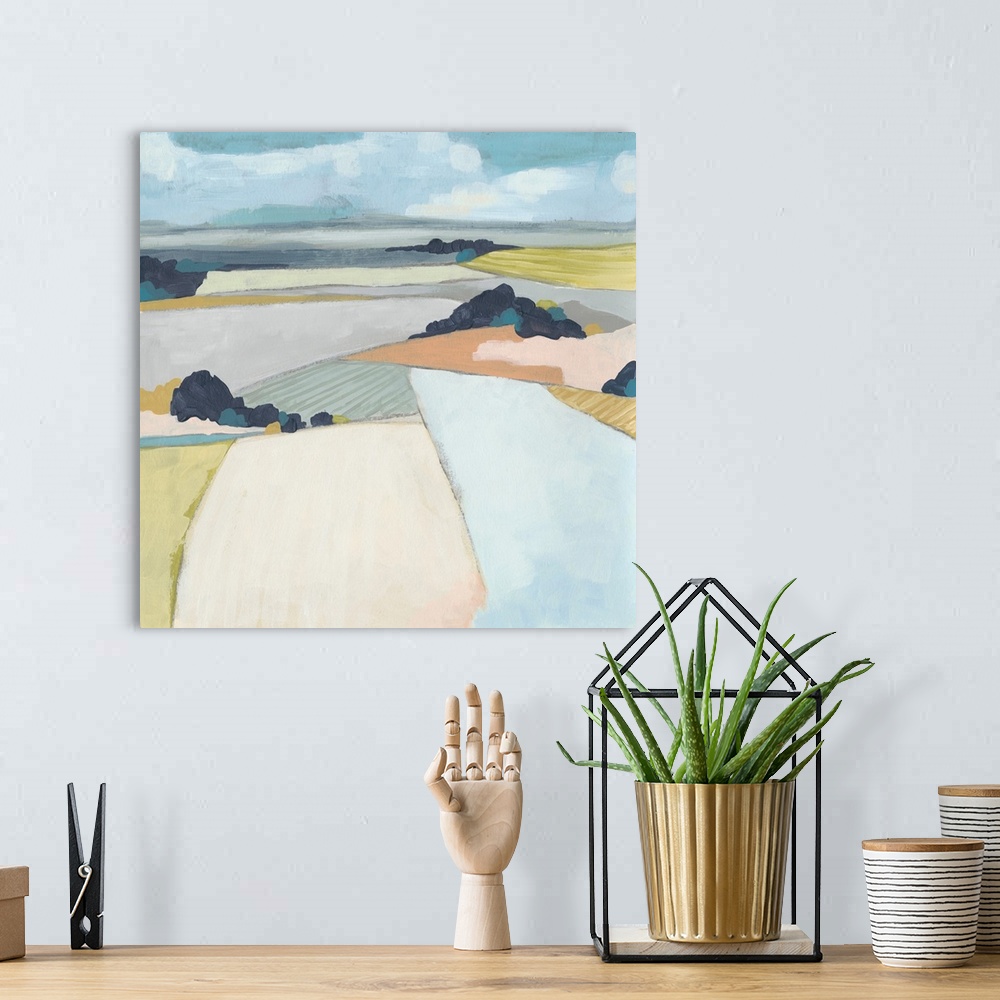 A bohemian room featuring Contemporary abstract landscape in pastel hues.
