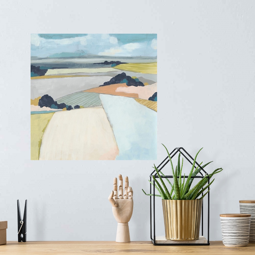 A bohemian room featuring Contemporary abstract landscape in pastel hues.