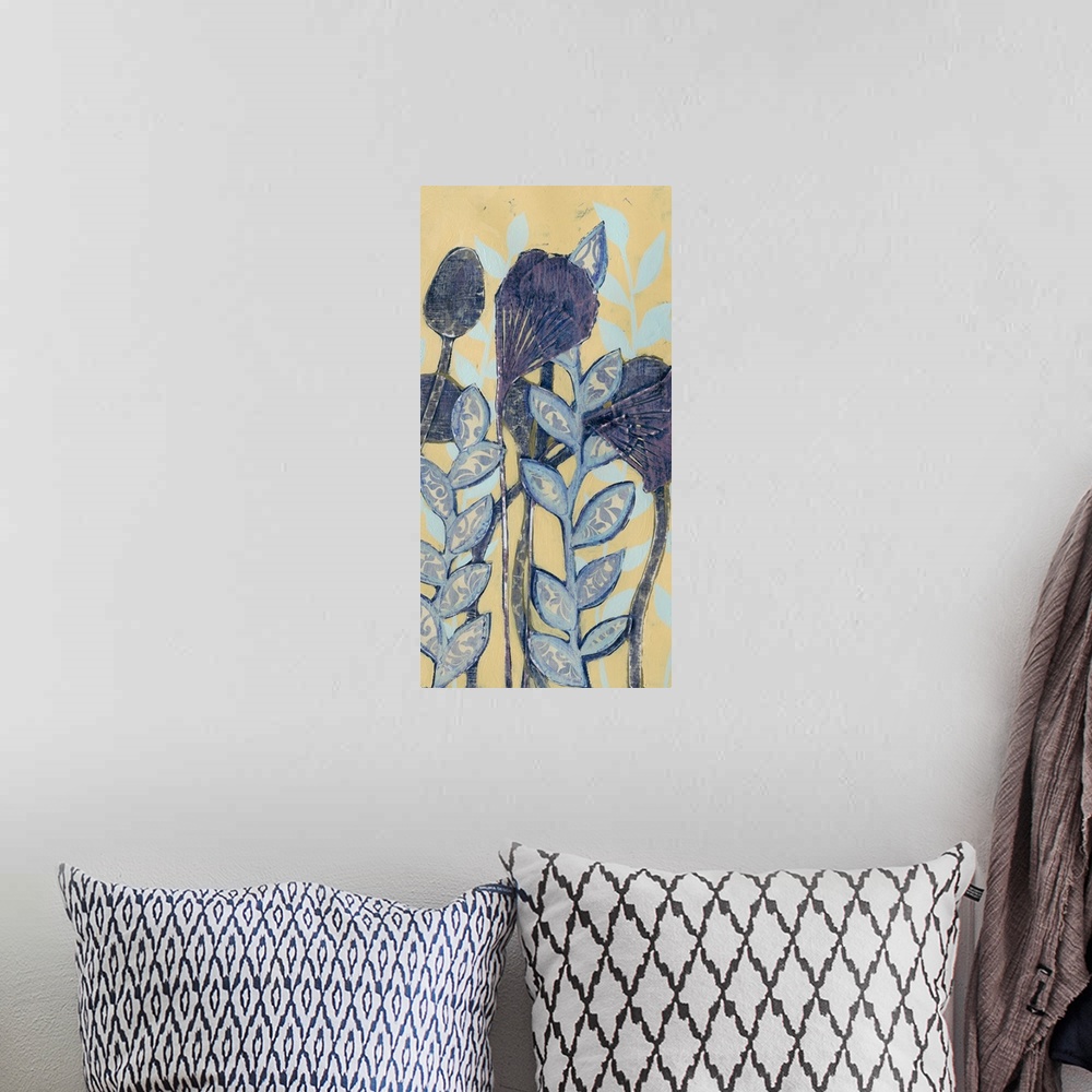 A bohemian room featuring Contemporary home decor artwork of blue flowers against a cream background.