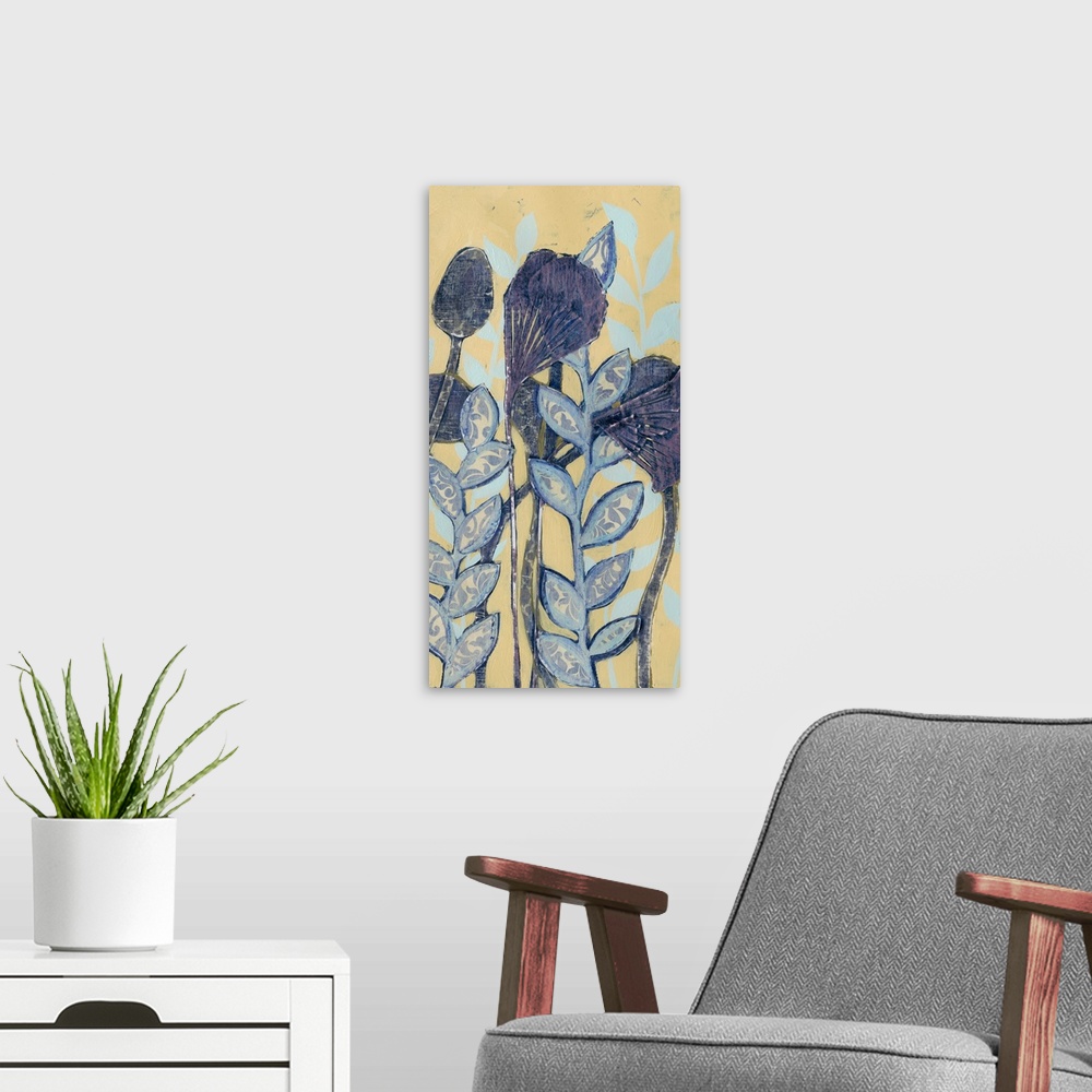 A modern room featuring Contemporary home decor artwork of blue flowers against a cream background.