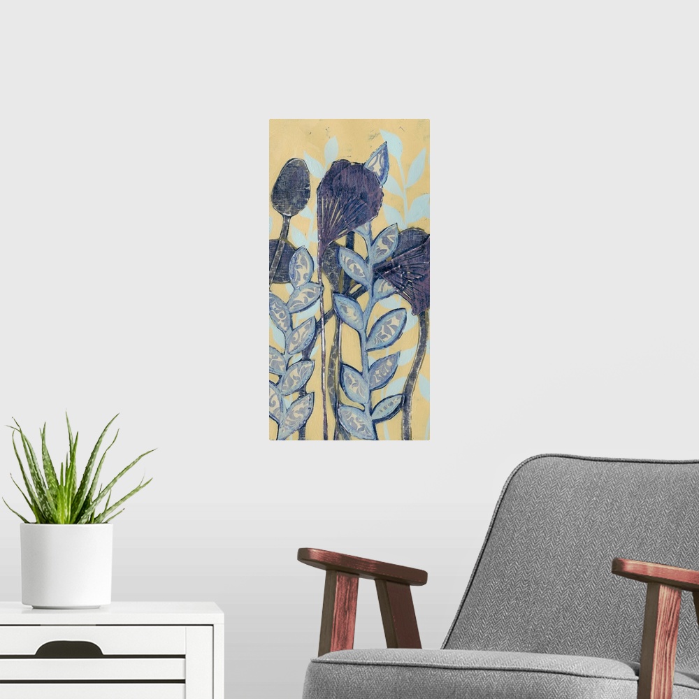 A modern room featuring Contemporary home decor artwork of blue flowers against a cream background.