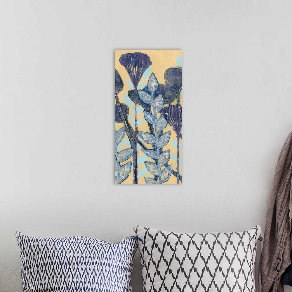 A bohemian room featuring Contemporary home decor artwork of blue flowers against a cream background.