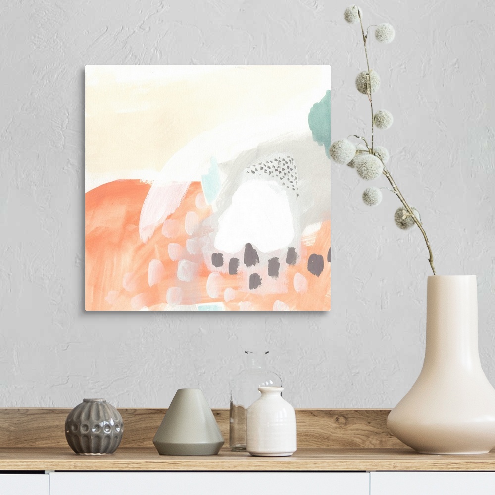 A farmhouse room featuring Abstract contemporary artwork in soft pastel tones of blue, tan, and coral, in circular and dotte...
