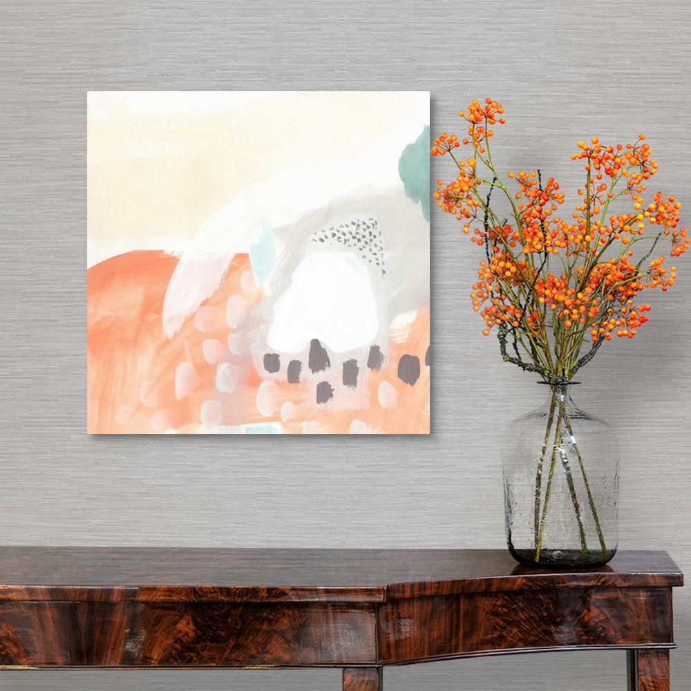 A traditional room featuring Abstract contemporary artwork in soft pastel tones of blue, tan, and coral, in circular and dotte...