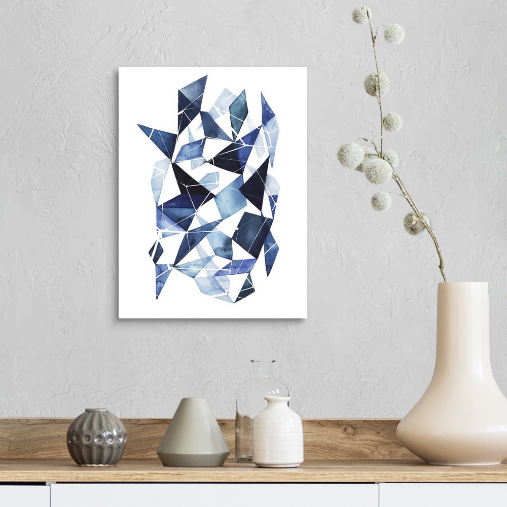 A farmhouse room featuring Abstract watercolor geometric artwork in shades of blue.
