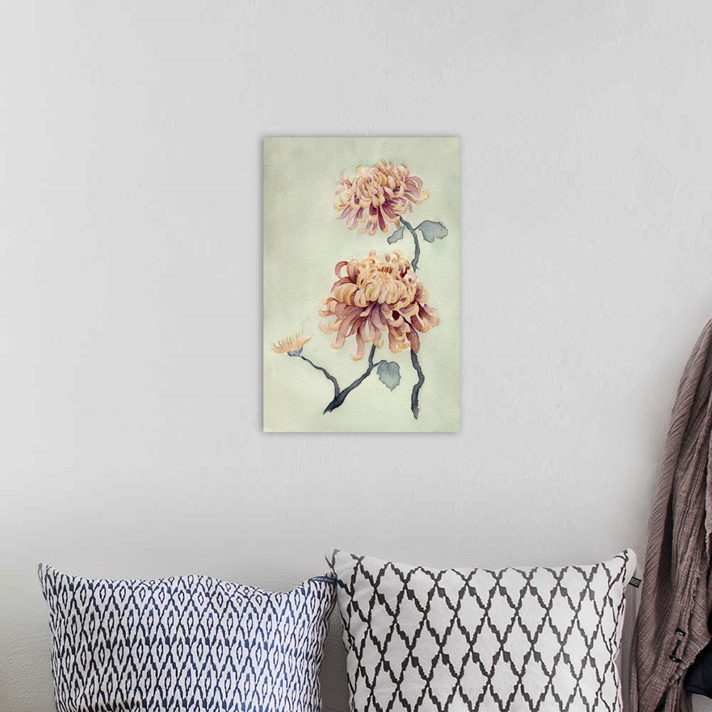 A bohemian room featuring Contemporary artwork of delicate chrysanthemum flowers over a neutral green background.