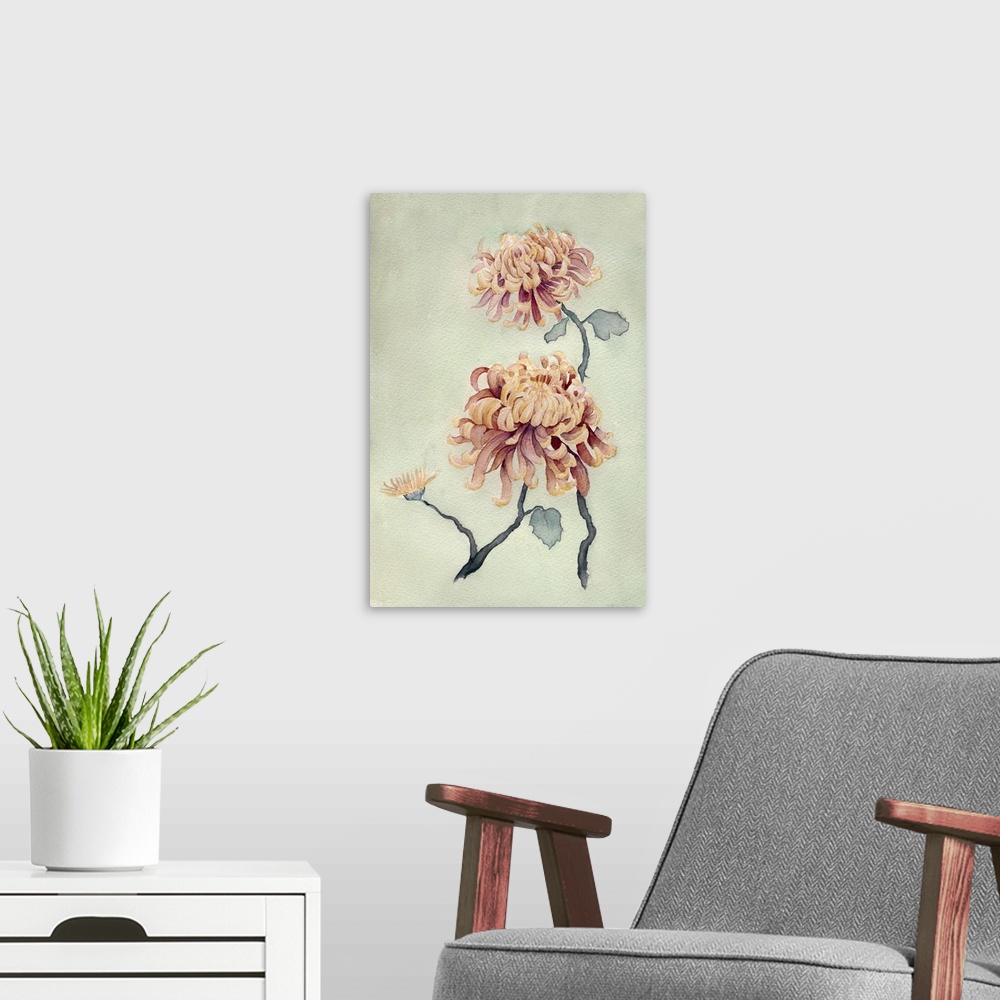 A modern room featuring Contemporary artwork of delicate chrysanthemum flowers over a neutral green background.