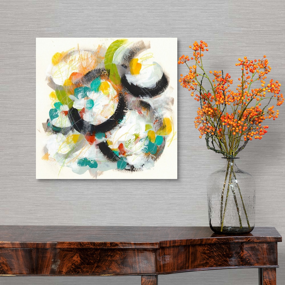 A traditional room featuring Contemporary abstract painting using vibrant colors and circular shapes.