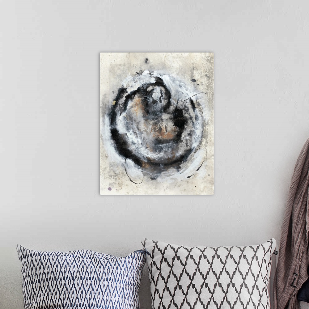 A bohemian room featuring Brush strokes in shades of black, gray and rust pulsate in a circular pattern over a distressed b...