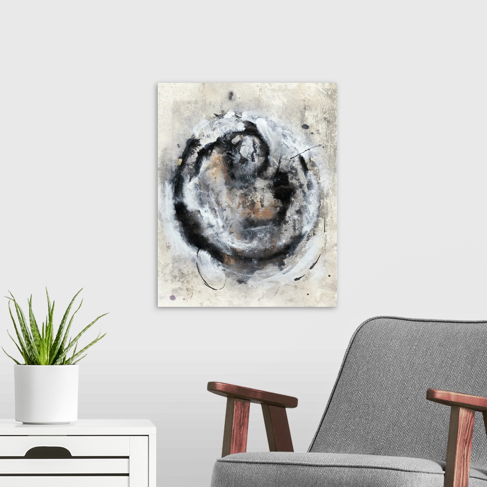 A modern room featuring Brush strokes in shades of black, gray and rust pulsate in a circular pattern over a distressed b...