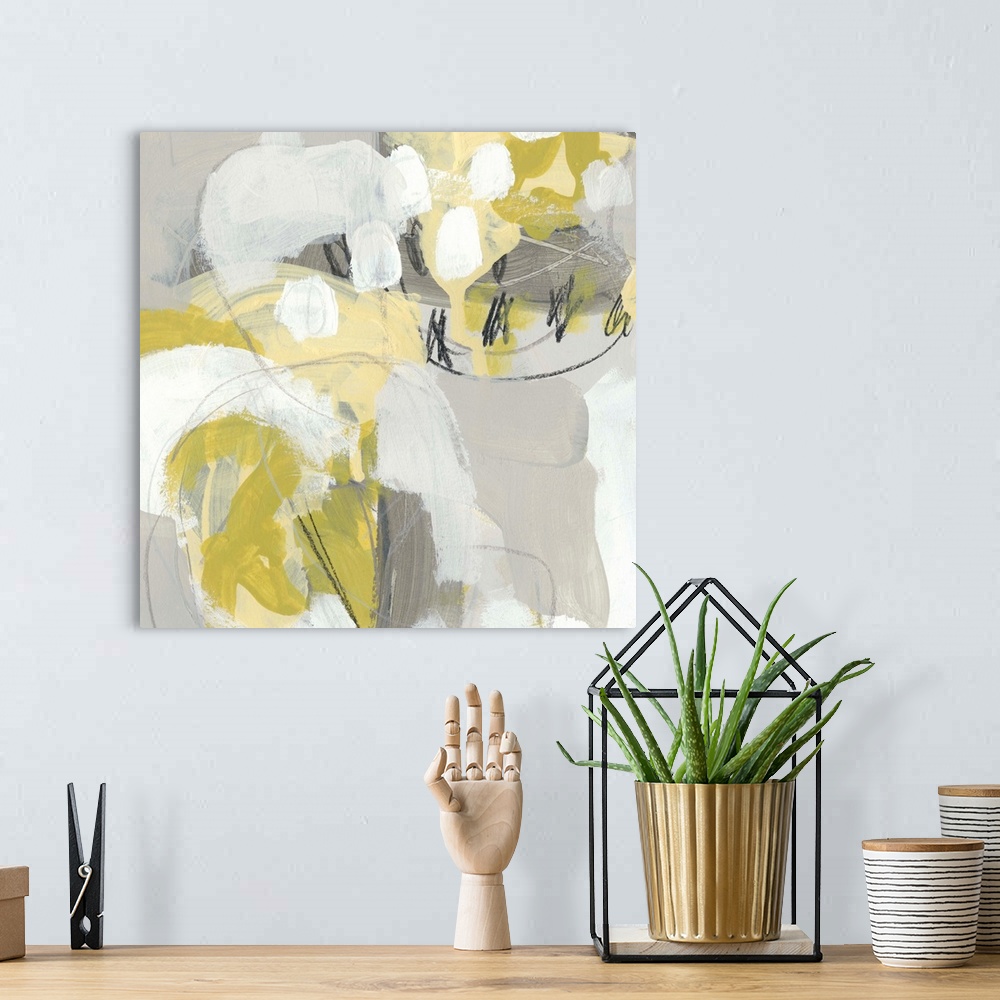 A bohemian room featuring Square abstract painting in yellow, gray and white in overlapping circular shapes with fine scrib...