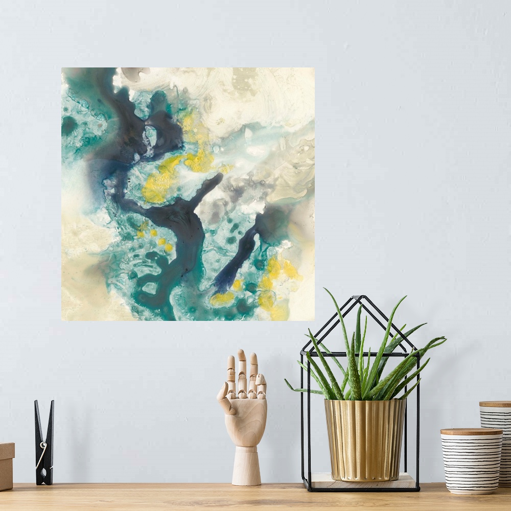 A bohemian room featuring Abstract artwork of fluid paint in shades of green, blue and yellow glide against a khaki color o...