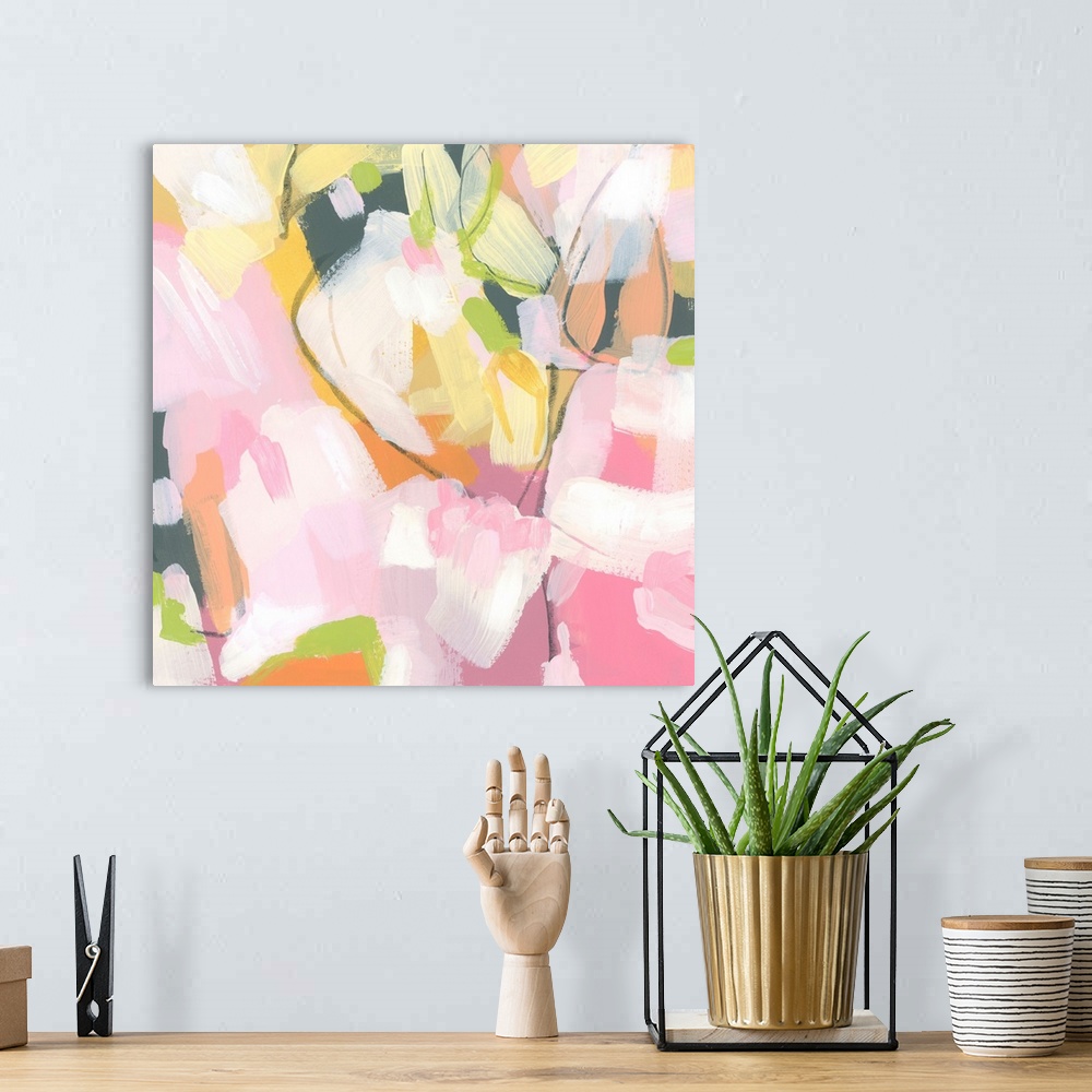 A bohemian room featuring A bright abstract contemporary painting in pastel and citrus colors and wide brushstrokes