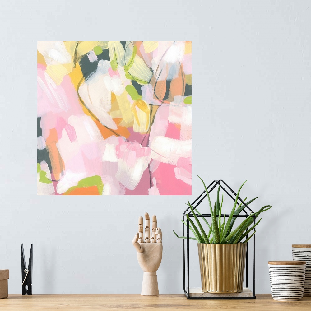 A bohemian room featuring A bright abstract contemporary painting in pastel and citrus colors and wide brushstrokes