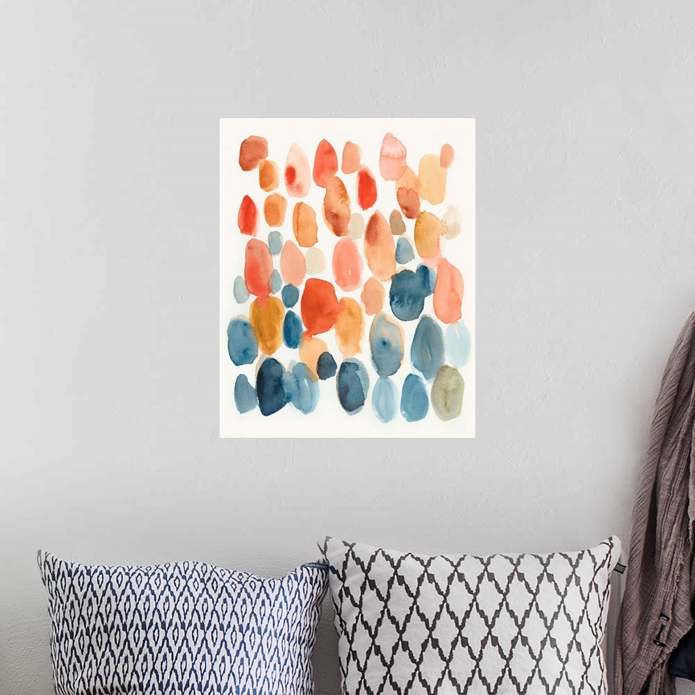 A bohemian room featuring Watercolor abstract with oblong shapes in indigo, coral, and orange colors on a white background.