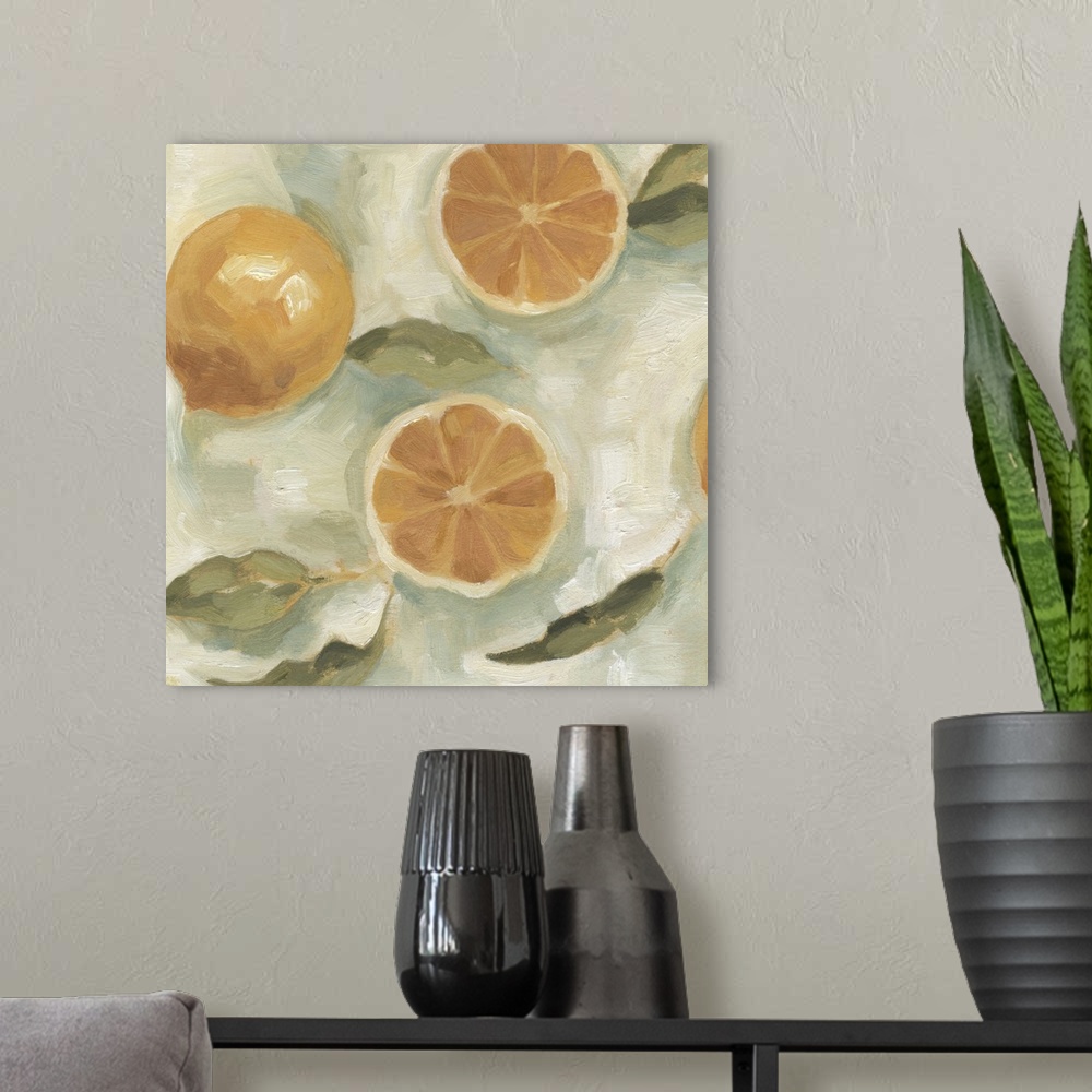 A modern room featuring Contemporary artwork of sliced oranges created with thick brush strokes.