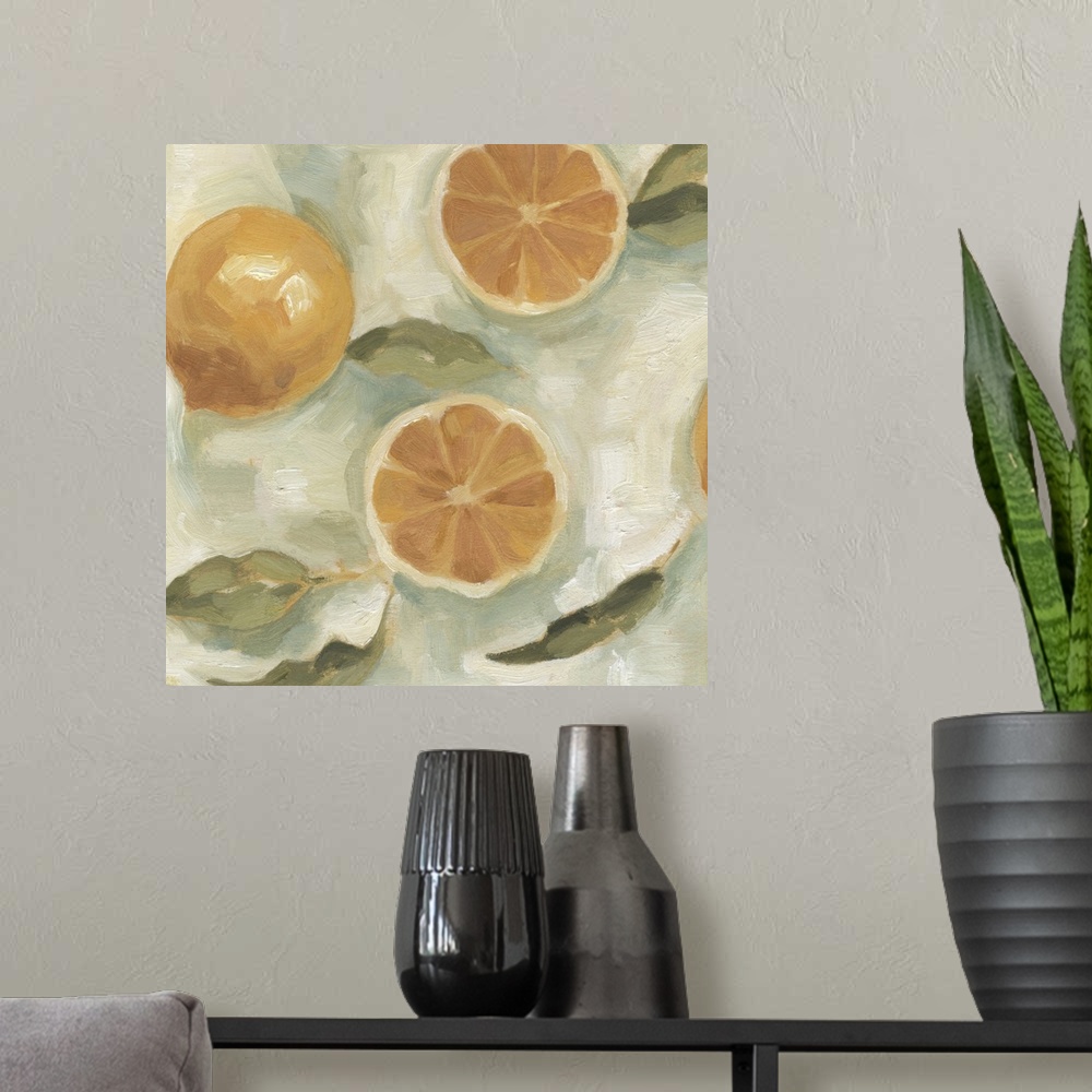 A modern room featuring Contemporary artwork of sliced oranges created with thick brush strokes.