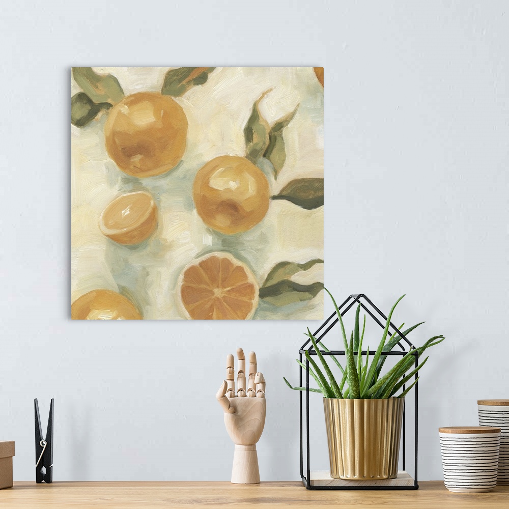 A bohemian room featuring Contemporary artwork of sliced oranges created with thick brush strokes.