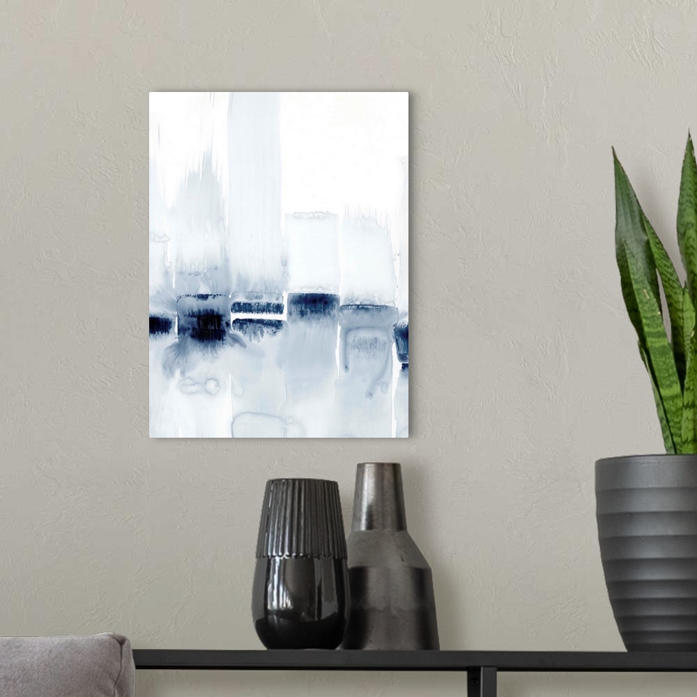 A modern room featuring Abstract watercolor cityscape.