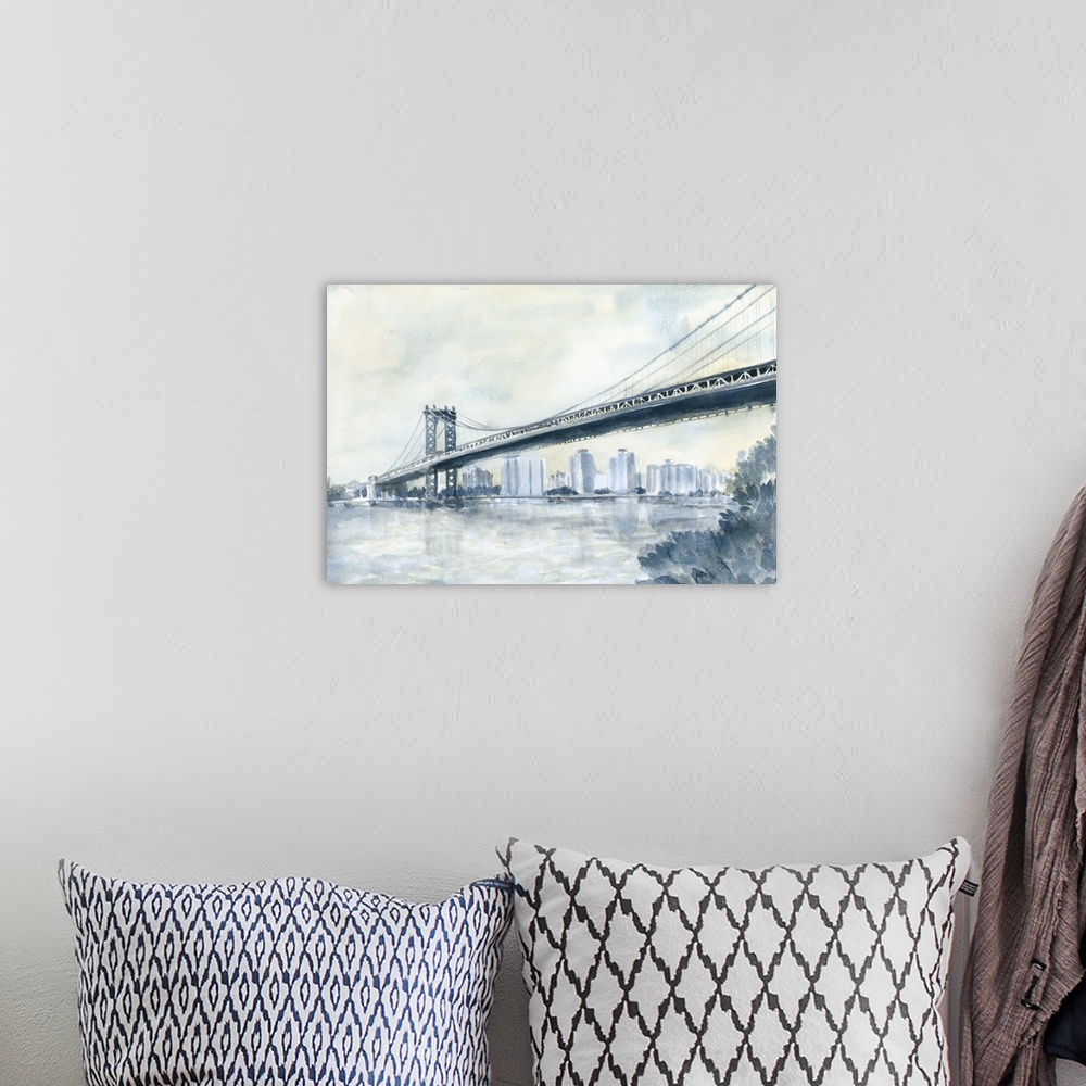 A bohemian room featuring Contemporary watercolor painting of an urban bridge spanning a river, with a city skyline in the ...