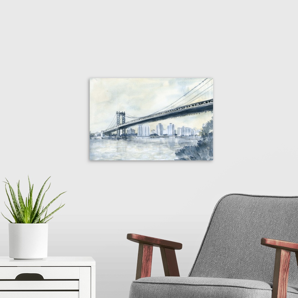 A modern room featuring Contemporary watercolor painting of an urban bridge spanning a river, with a city skyline in the ...