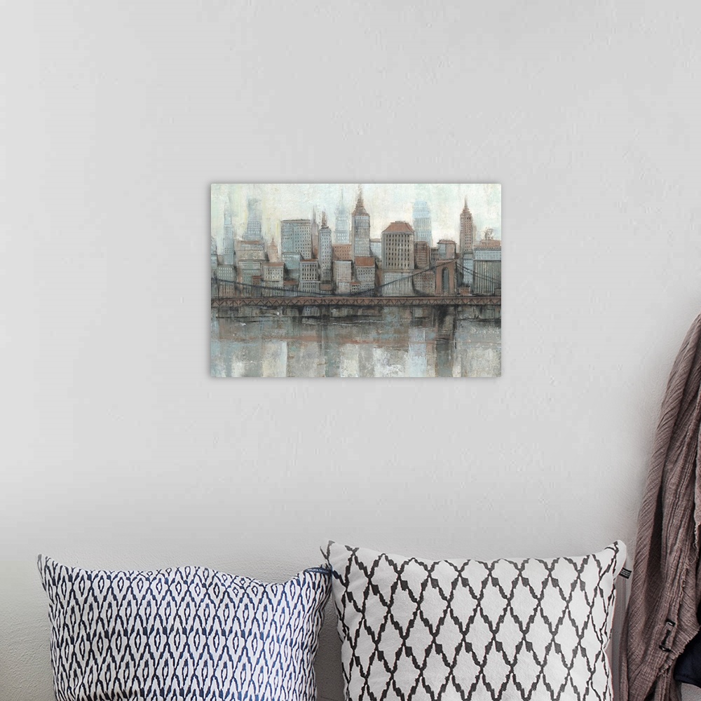 A bohemian room featuring Contemporary painting of a city skyline in dark gray and red colors.