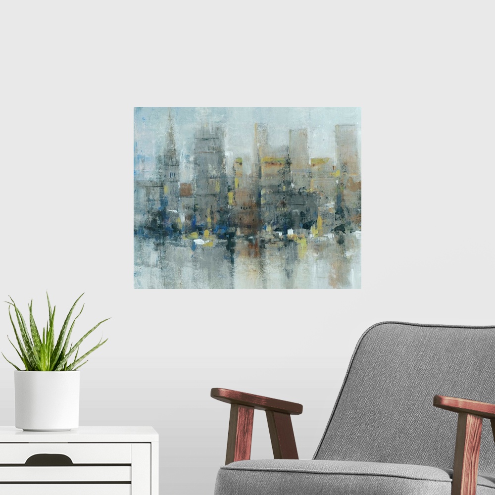 A modern room featuring Abstract cityscape in neutral hues.