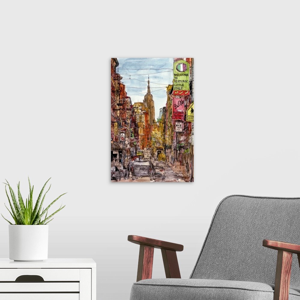 A modern room featuring Illustration of a street scene with skyscrapers in New York City.
