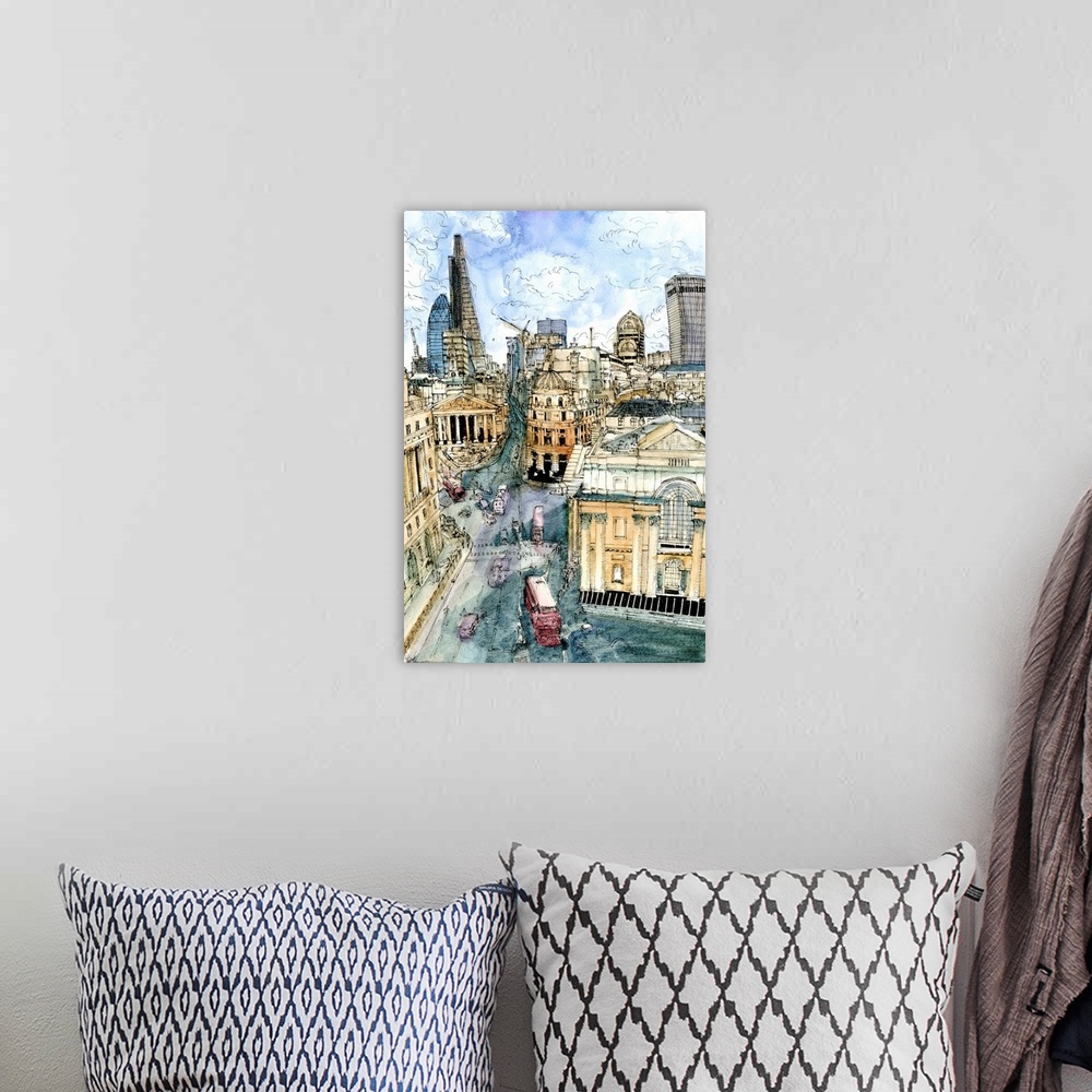 A bohemian room featuring Watercolor illustration of a street scene in downtown London, England.