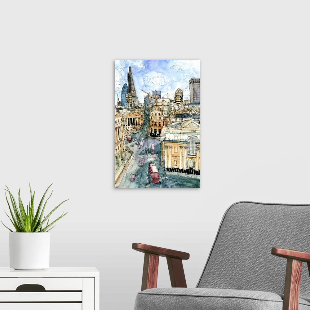 A modern room featuring Watercolor illustration of a street scene in downtown London, England.