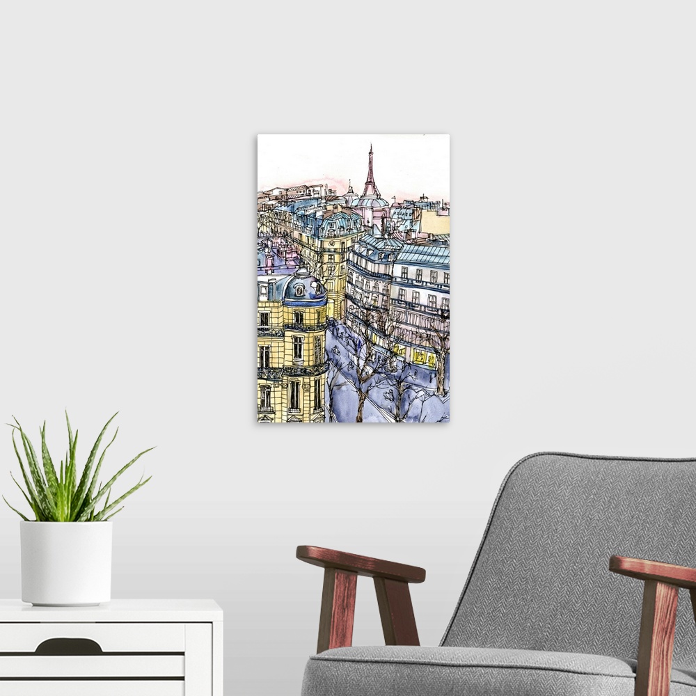 A modern room featuring Illustrated cityscape of Paris with a view of the Eiffel Tower and urban buildings.