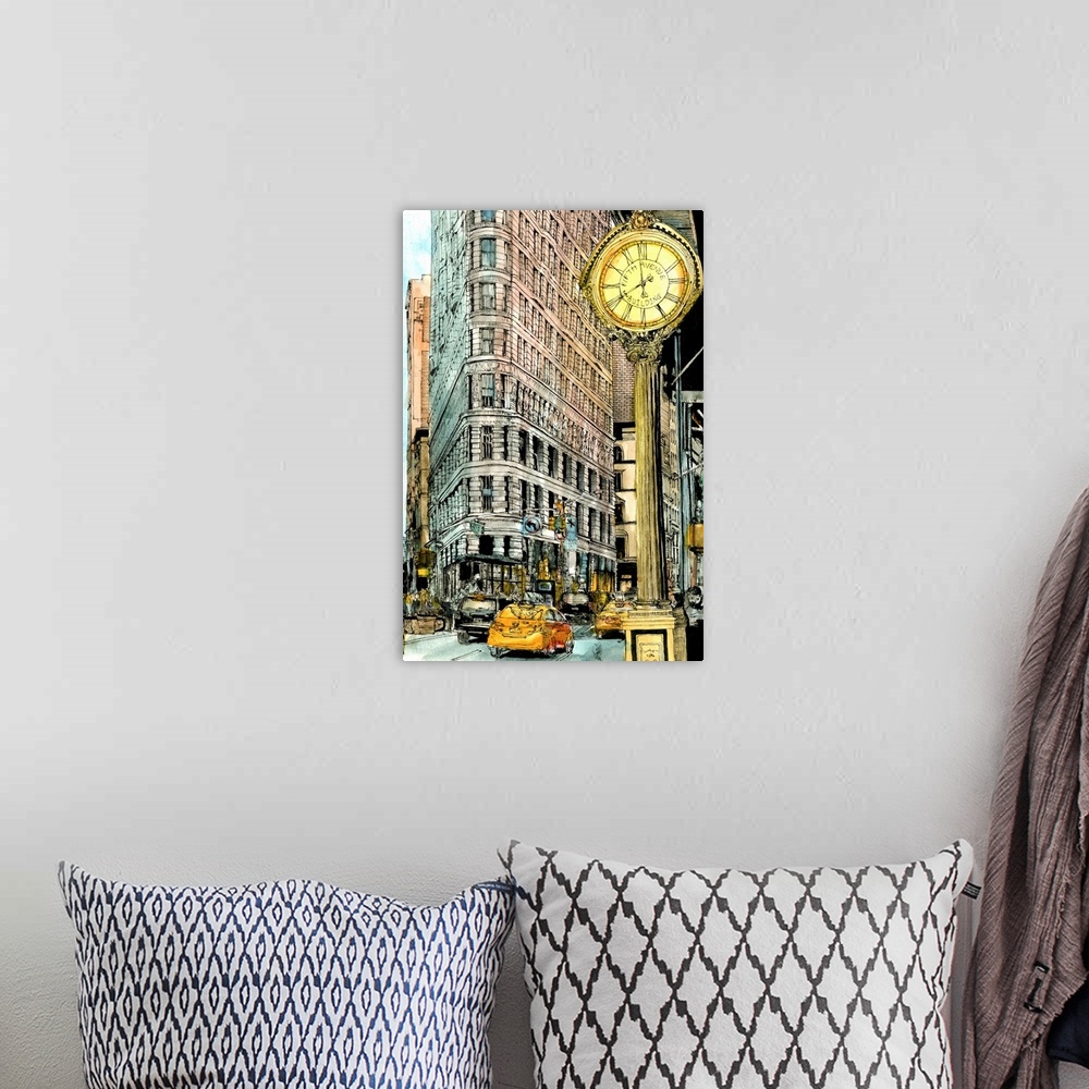 A bohemian room featuring Illustrated cityscape of New York City with taxi cabs and a street clock.