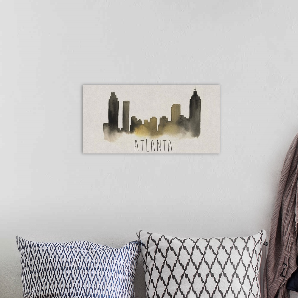 A bohemian room featuring Atlanta city skyline watercolor artwork.