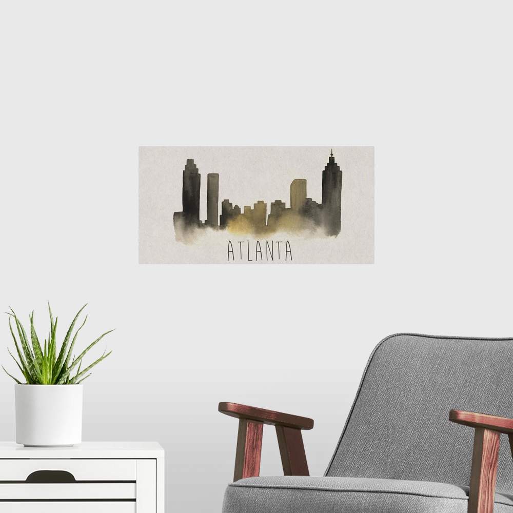 A modern room featuring Atlanta city skyline watercolor artwork.