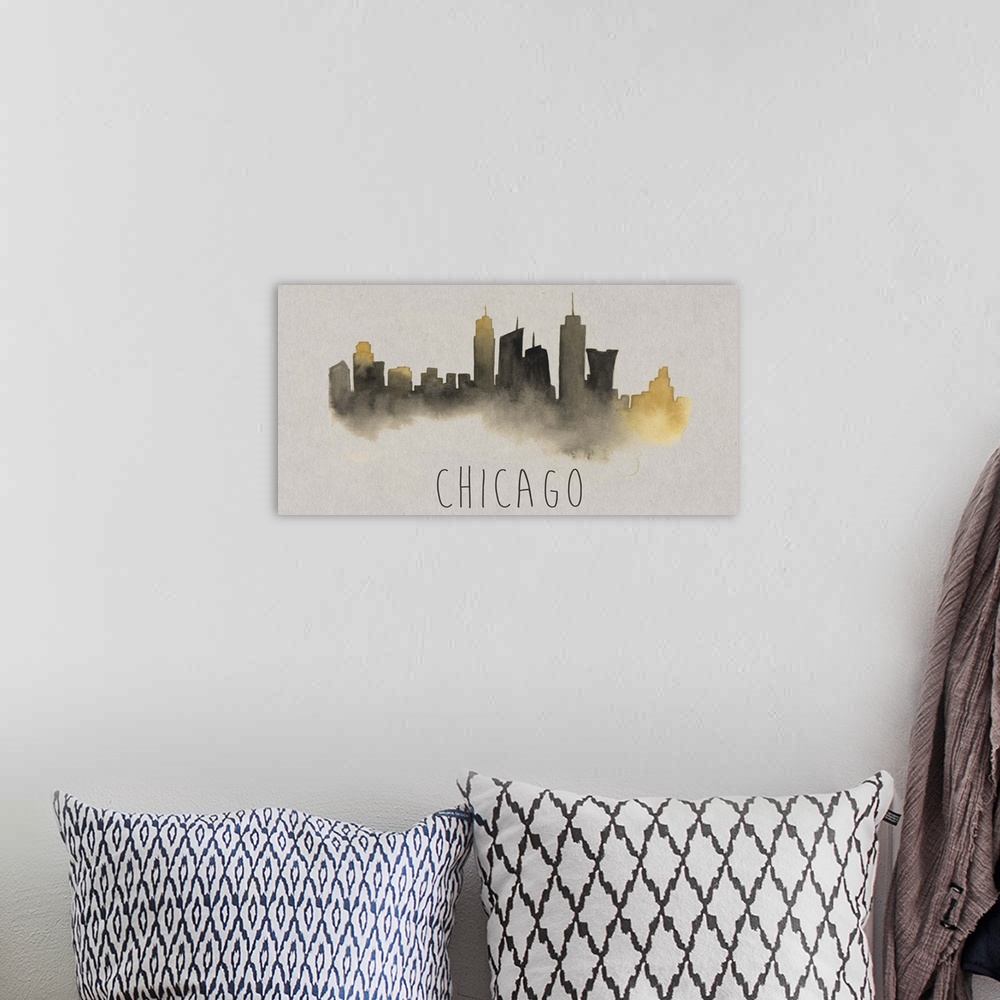 A bohemian room featuring Chicago city skyline watercolor artwork.